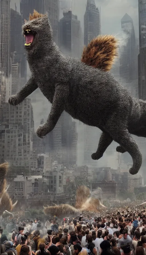 Prompt: hundreds of people running away from the giant catzilla. trending on artstation. realistic cinematography, photorealistic, photography, wide shot