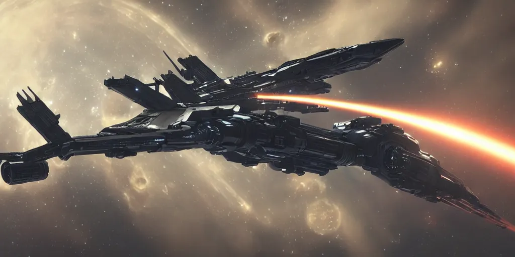 Image similar to An intricate curve-shaped chrome-plated long military spaceship with blue laser armaments stationed at an industrial landing zone, elite dangerous, blue lights, dark clouds, vortex in the background, realistic 4k octane beautifully detailed render, 4k post-processing, highly detailed, intricate complexity, epic composition, magical atmosphere, cinematic lighting, masterpiece, ultra hd