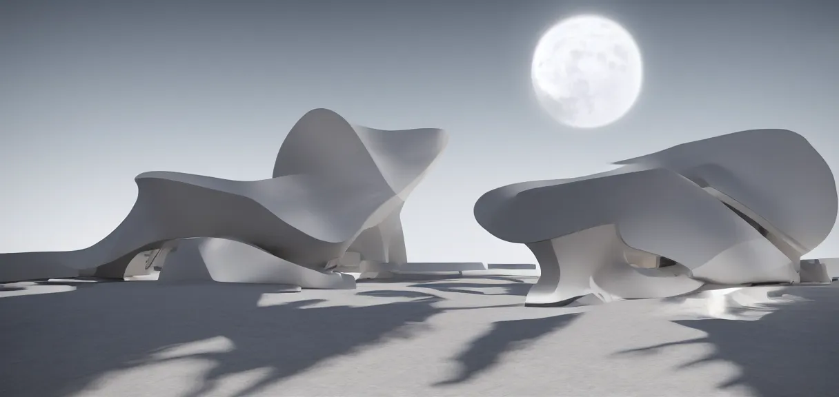 Image similar to a cresent moon in the sky shining on a white museum by zaha hadid in the desert, cinematic, realistic, render in unreal engine 5