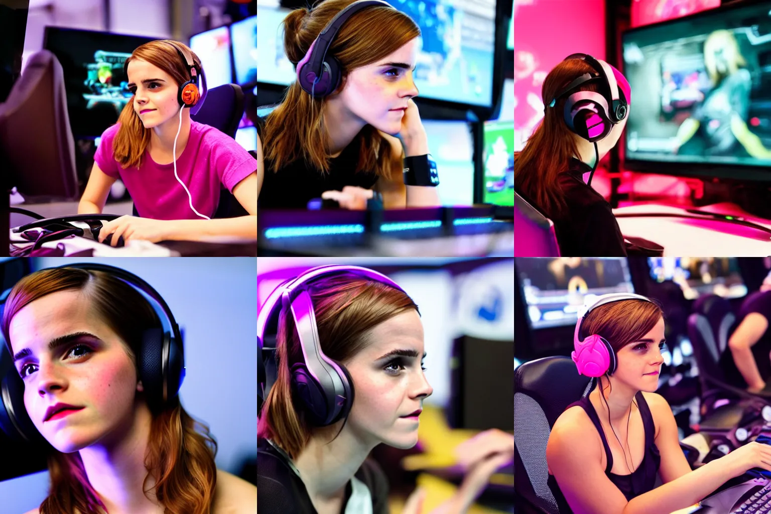 Prompt: a close-up of Emma Watson playing video games on a computer at an esports competition, pink headphones with cat ears, candid photography, backlit