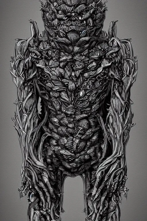 Image similar to vegetable monster humanoid figure, symmetrical, highly detailed, digital art, sharp focus, trending on art station