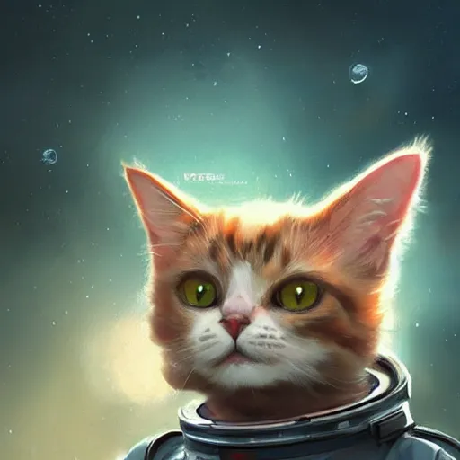 Image similar to head and shoulders masterpiece portrait of a cute adorable cat wearing a spacesuit, surreal background, digital art by krenz cushart, trending on artstation, cgsociety,