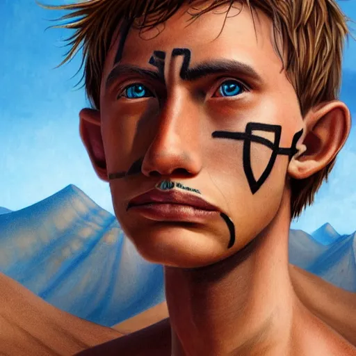 Image similar to a detailed portrait of a tan boy with a small face tattoo in the desert, fantasy art illustration, incredibly highly detailed and realistic, 8 k, sharp focus