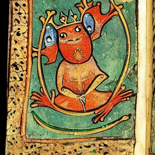 Image similar to beautiful medieval book manuscript painting of a frog wearing a crown