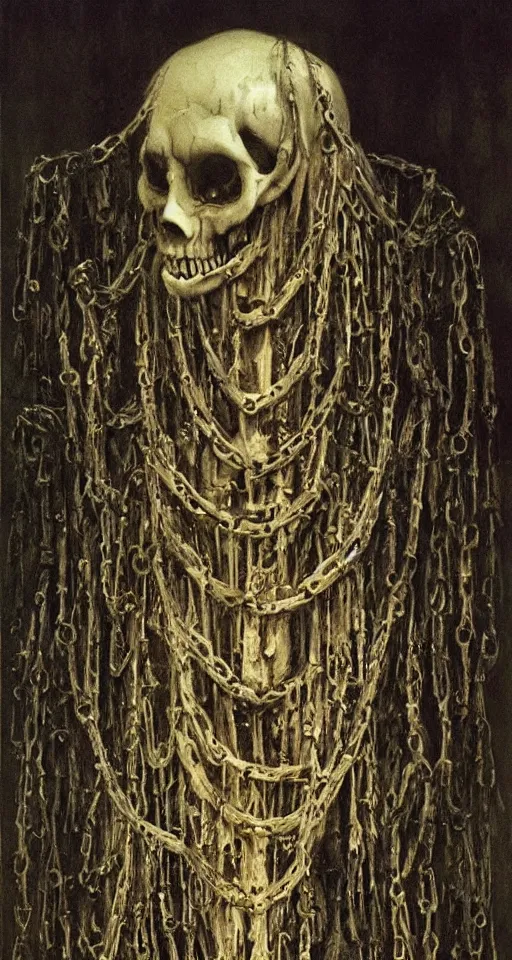 Image similar to creepy levitating skull ghosts with chains and long beautiful flowing translucent cloth, symmetrical, cursed faces, occult, dim lighting, incredibly detailed and intricate, elegant, melancholic, immaculate, forgotten, Beksinski