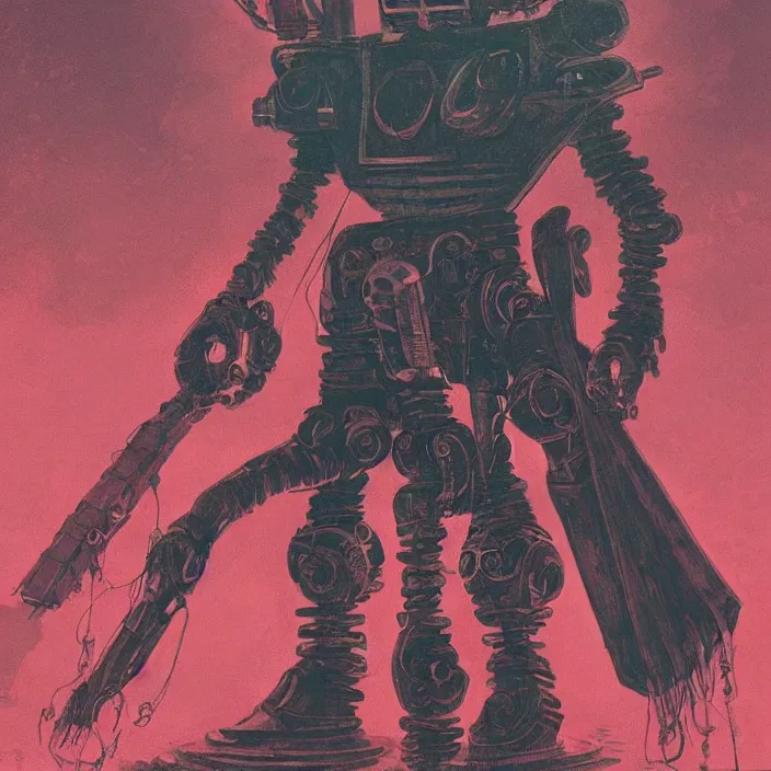 Prompt: a robot hunter from bloodborne in yharnam, style by retrofuturism, faded red and yelow, by malcolm smith, old comics in city, nicholas roerich, katinka reinke