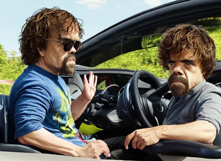 Image similar to peter dinklage driving a little tikes car, movie still, from the new fast and furious movie, 8 k, realistic