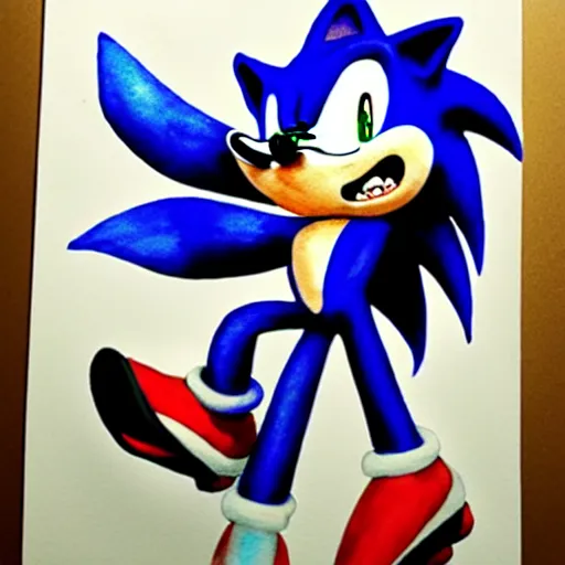 Prompt: a terrifying watercolor sonic the hedgehog, loose watercolor drawing, surrealist ripples