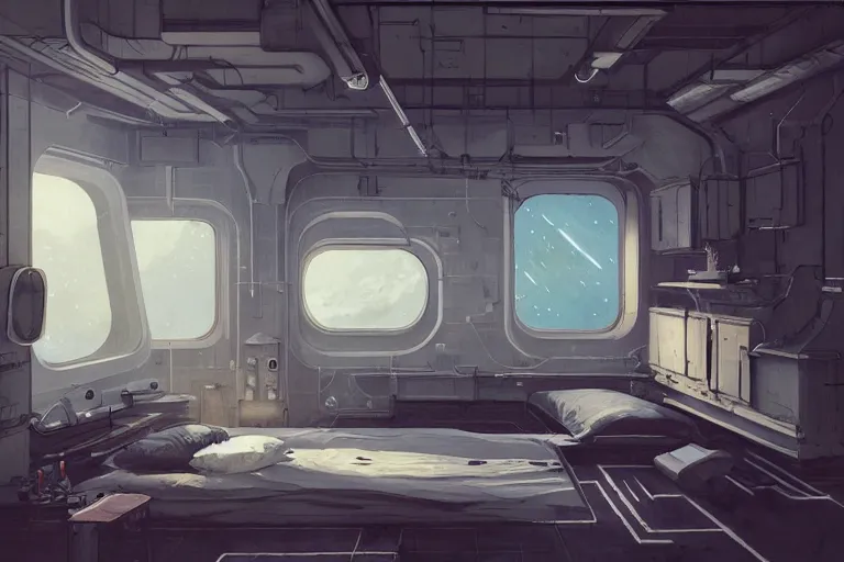 Image similar to single bedroom quarters inside 1960s rocket ship with gray metallic factory engine walls, details, sharp focus, intricate, high definition, retro, sci-fi, digital Art, 3D, Jordan Grimmer, greg rutkowski, WLOP, Studio Ghibli,