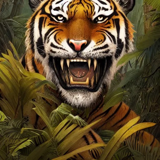 Prompt: a very high detailed tiger face on a strong human body, wearing a very detailed golden kings crown, tattoo on shoulder, standing in a highly detailed jungle, digital art, concept art, greg rutkowski, Nikolai Karelin, Hou China, trending artstation