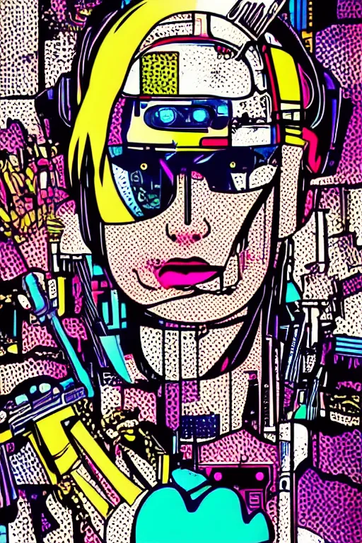 Prompt: futuristic japanese cyberpunk by roy lichtenstein, by andy warhol, ben - day dots, pop art, bladerunner pixiv contest winner, cyberpunk style, cyberpunk color scheme, mechanical, high resolution, hd, intricate detail, fine detail, 8 k