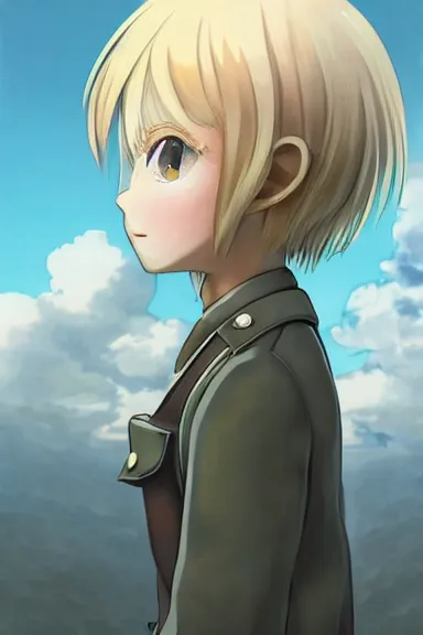 Image similar to beautiful little blonde boy in nazi male uniform. made in abyss art style, cute detailed artwork, anatomically correct, soft details, ilya kuvshinov, reflection, perfect composition, wallpaper mobile, illumination, digital art, detailed anime soft face, symmetrical face, western comic, illustration, realistic, nazism, lois van baarle