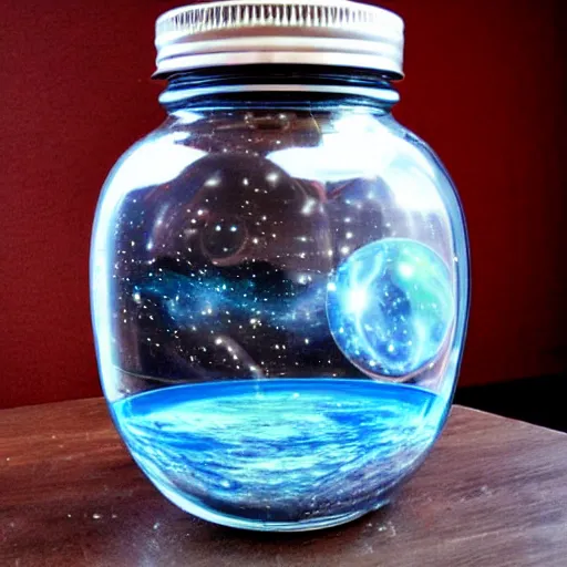 Prompt: a large jar with a tiny universe in it