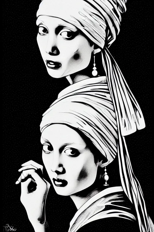 Image similar to beautiful portrait of a woman, negative no not the girl with a pearl earring, highly detailed ink illustration, b & w clean shaped illustration by kim jung gi, ric estrada, ron english and eiichiro oda