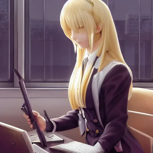 Prompt: blonde anime woman with long hair, wearing headmistress uniform, sophisticated young woman, ultraterrestrial woman, sitting in dean's office, ornate designs on desk, sharp details, subsurface scattering, intricate details, art by artgerm, greg rutkowski, hd wallpaper, 2 0 1 9 anime screenshot