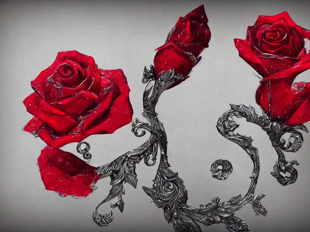 Image similar to in fantasy style, a red crystal rose, so intricate and hyperrealistic, as seen trending on artstation