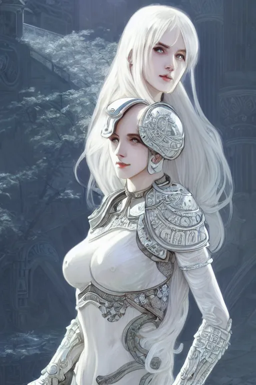 Image similar to portrait white hair knights of zodiac girl, matt white ice color armor, in ruined agora of athens, ssci - fi and fantasy, intricate and very very beautiful and elegant, highly detailed, digital painting, artstation, concept art, smooth and sharp focus, illustration, art by tian zi and wlop and alphonse mucha and ilya kuvshinov