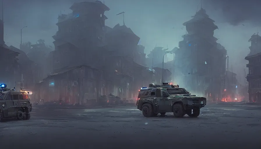 Prompt: a militarized police vehicle riding through an orwellian town, action scene, an epic fantasy, dramatic lighting, cinematic, establishing shot, extremely high detail, photorealistic, cinematic lighting, artstation, octane render, by simon stalenhag, horizon forbidden west