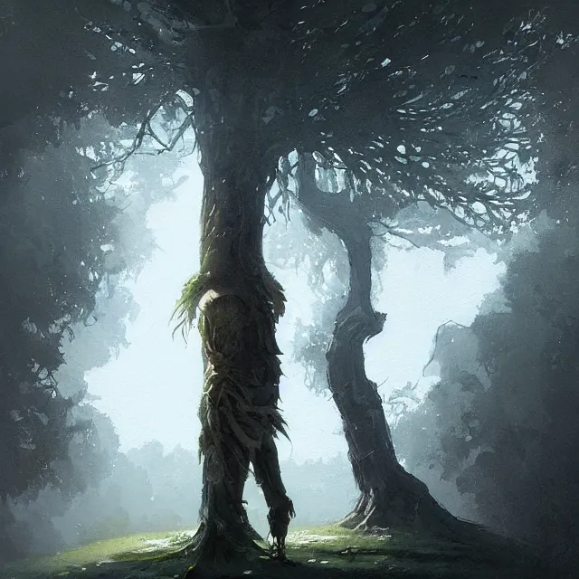 Image similar to a painting of a walking tree looking down at a smaller human by greg rutkowski, dark fantasy art, high detail, trending on artstation