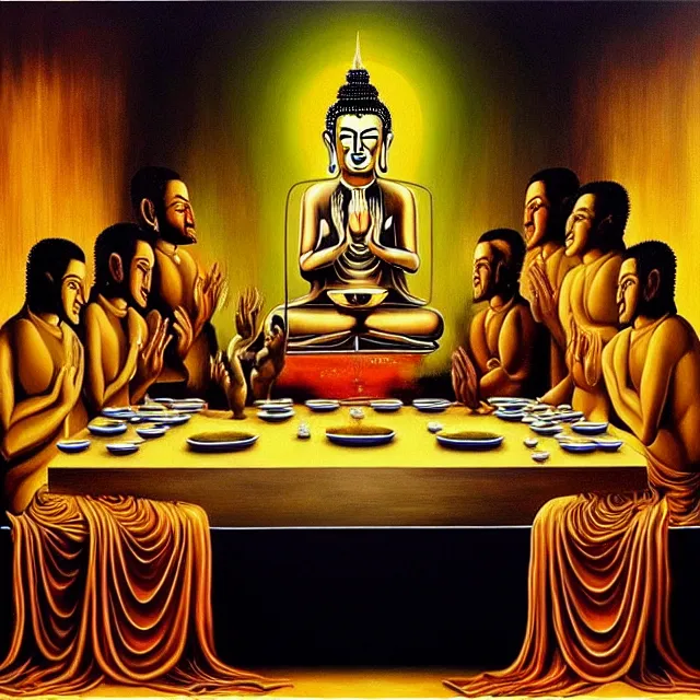 Image similar to a beautiful painting cyberpunk gold buddha the last supper, by salvador dali realistic oil painting