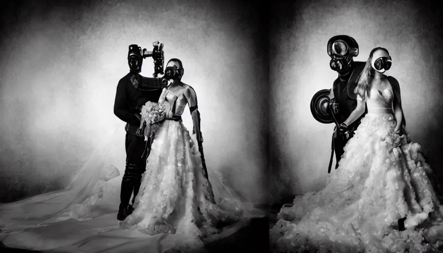 Image similar to disturbing big budget hollywood movie bride and groom wearing gas masks at the marriage of reason and squalor perfect composition dramatic lighting chiaroscuro