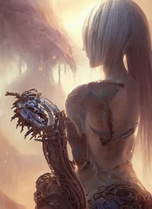 Image similar to a professional painting of a beautiful young female alien, clothed in ethereal armor, olive skin, long dark hair, beautiful bone structure, symmetrical facial features, intricate, elegant, digital painting, concept art, smooth, sharp focus, illustration, from Valerian and the City of a Thousand Planets, by Ruan Jia and Mandy Jurgens and Artgerm and William-Adolphe Bouguerea