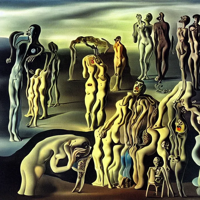 Image similar to a group of characters crying in a surreal environment by salvador dali, highly detailed