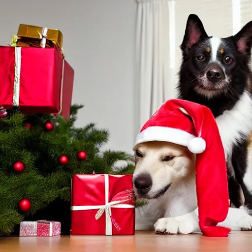 Image similar to A surprised dog getting caught opening Christmas presents
