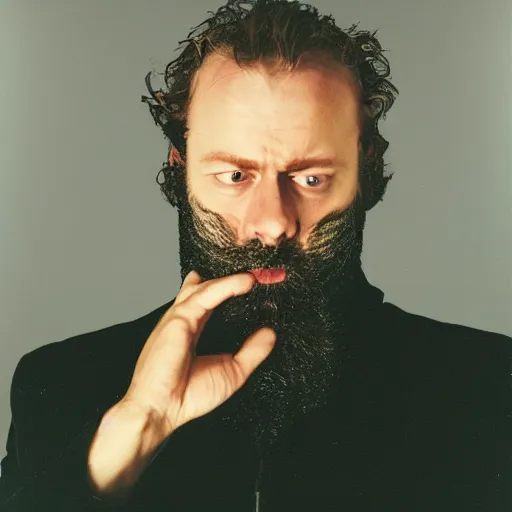 Prompt: Singing Tthhoomm Yyoorrkkee, with a beard and a black jacket, a portrait by John E. Berninger, dribble, neo-expressionism, uhd image, studio portrait, 1990s