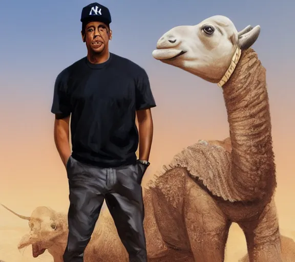 Image similar to portrait of jay - z wearing a yankee baseball hat and a black t - shirt, standing next to a camel, sand desert fantasy, matte painting, highly detailed, art by artgerm, artstation