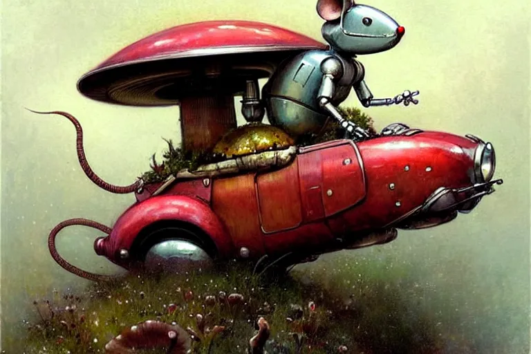 Image similar to adventurer ( ( ( ( ( 1 9 5 0 s retro future robot mouse amphibious vehical home. muted colors. mushrooms ) ) ) ) ) by jean baptiste monge!!!!!!!!!!!!!!!!!!!!!!!!! chrome red