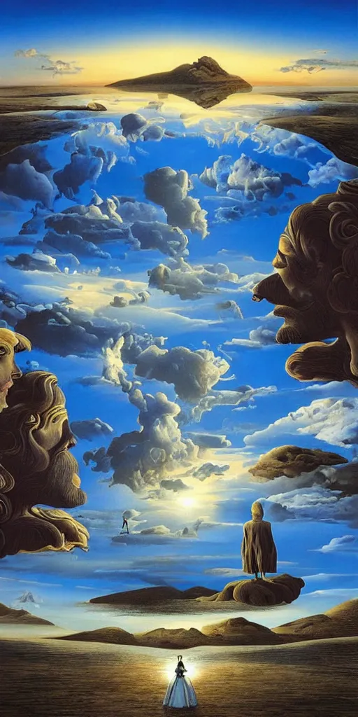 Image similar to symmetry!! they looked at each other, surreal landscape, serene, peace, very detailed, perfect composition, perfect lighting, 4 k, salvador dali, tim white, artgerm