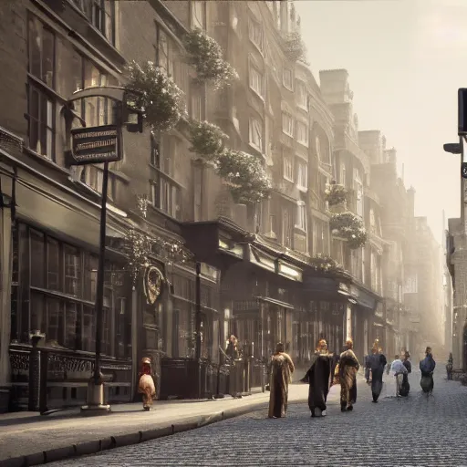 Image similar to 8 k hd detailed octane render of a bustling city street in victorian london