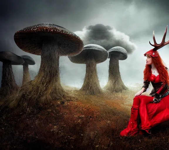 Image similar to a photo of an armored woman warrior redhead with antlers sitting on a giant red cap mushroom that covers a whole village and reaches above the clouds by luis royo. intricate. lifelike. soft light. sony a 7 r iv 5 5 mm. cinematic post - processing