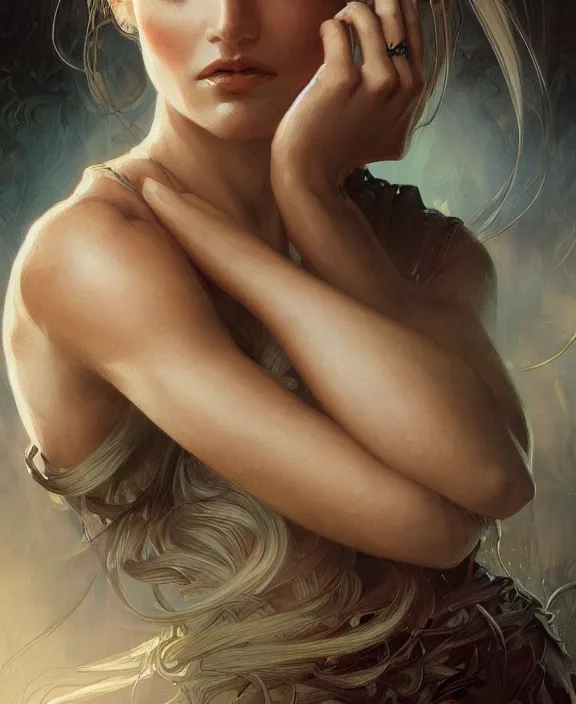 Image similar to portrait close up of woman, concentrated look, symmetry, d & d, fantasy, intricate, elegant, highly detailed, digital painting, artstation, concept art, art by artgerm and greg rutkowski and alphonse mucha, boris vallejo