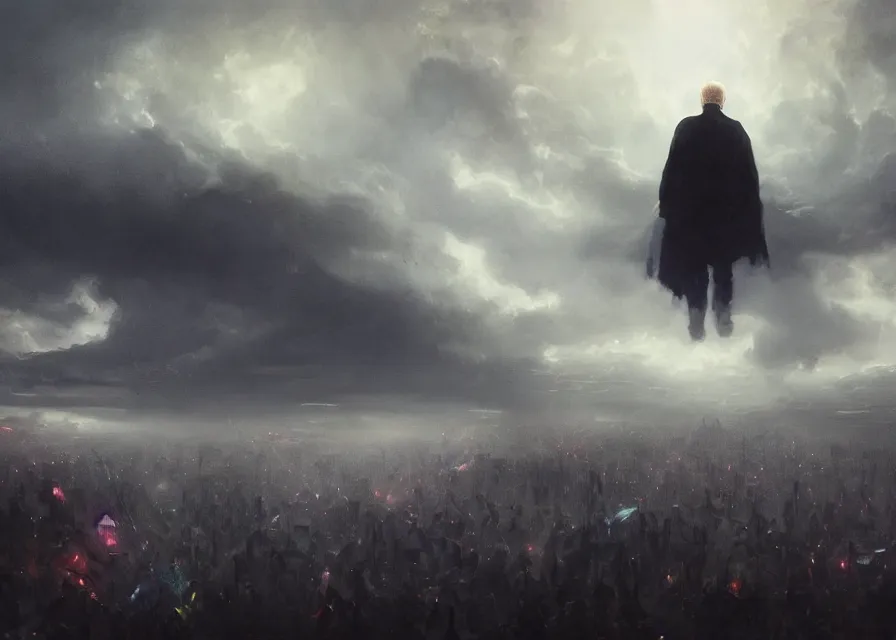 Image similar to abstract painting of giant Joe Biden smiling emperor of the world emerging in dark clouds, immense crowd of people, cosmic horror , trending on ArtStation, masterpiece, by Greg Rutkowski, by Ross Tran, by Fenghua Zhong, octane, lightbeam eyes, soft render, clear facial features, oil on canvas, moody lighting, cinematic, professional environment concept art