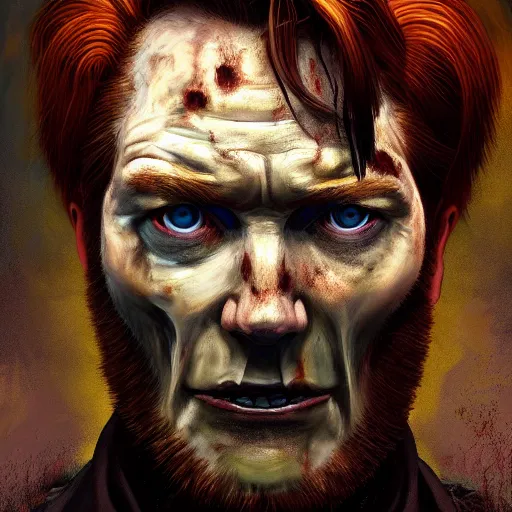 Image similar to color head portrait of conan o'brien as a zombie, 7 days to die zombie, gritty background, fine art, award winning, intricate, elegant, sharp focus, cinematic lighting, digital painting, 8 k concept art, art by michael hussar, art by brom, art by guweiz and z. w. gu, 8 k