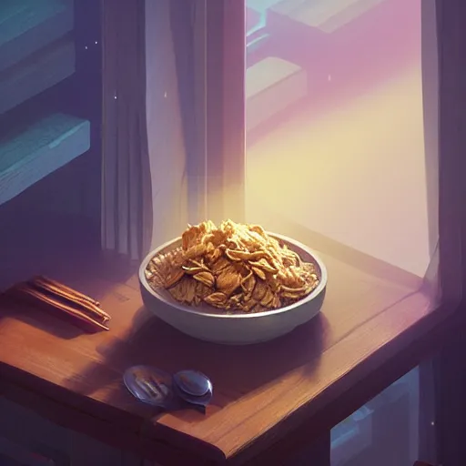 Prompt: highly detailed bowl of oatmeal mixed with cornflakes, stephen bliss, unreal engine, greg rutkowski, loish, rhads, beeple, makoto shinkai and lois van baarle, ilya kuvshinov, rossdraws, tom bagshaw, alphonse mucha, global illumination, god rays, detailed and intricate environment