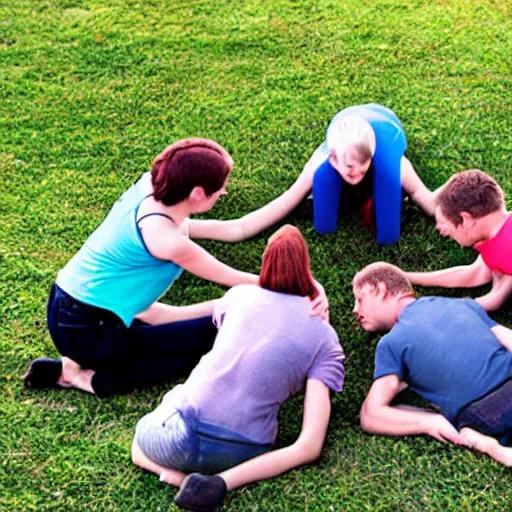 Image similar to a group of friends on all fours, playing twister.