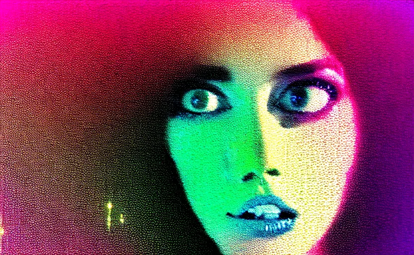 Prompt: vhs glitch art portrait of a frightened woman hidden underneath a sheet, lost in static, metaphysical foggy environment, static colorful noise glitch volumetric light, by bekinski, unsettling moody vibe, vcr tape, 1 9 8 1 analog video, vaporwave aesthetic, directed by david lynch, colorful static, datamosh, pixeled stretching