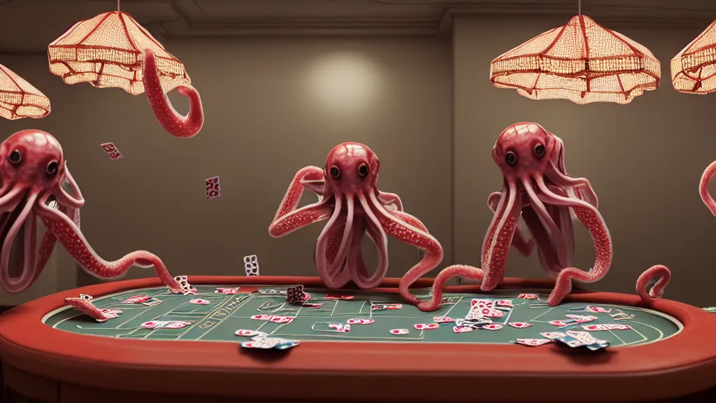 Image similar to hyperrealism simulation highly detailed human octopuses'wearing transparent jackets, playing poker in surreal scene from art house movie from future by wes anderson rendered blender and octane render