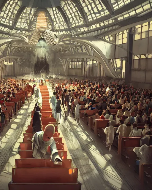 Image similar to crowd in a futuristic church, priest, pews, ethereal, inviting, bright, unreal engine, hyper realism, realistic shading, cinematic composition, realistic render, octane render, detailed textures, photorealistic, by craig mullins and moebius, wide shot