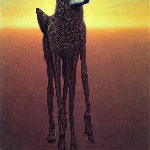 Prompt: a giant coyote stands over a city painting by beksinski, barlowe colors. masterpiece painting