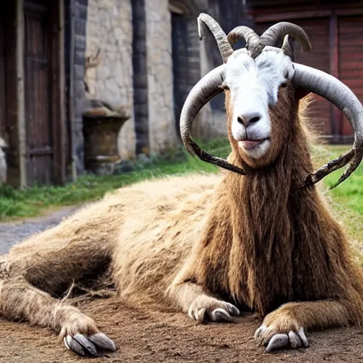 Image similar to horror, huge, vicious goat mutant monster with short blunt horns, mouth yawning wide, crocodile - like teeth, filthy matted fur, in muddy medieval village square