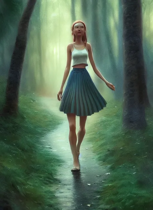 Image similar to young woman walking short blue skirt : : magic raining forest nature : : weta disney pixar movie still photo : : decadent highly - detailed digital painting, full length shot, golden ratio, octane render, artstation, smooth, sharp focus, artgerm, mucha, loish, wlop, gogo