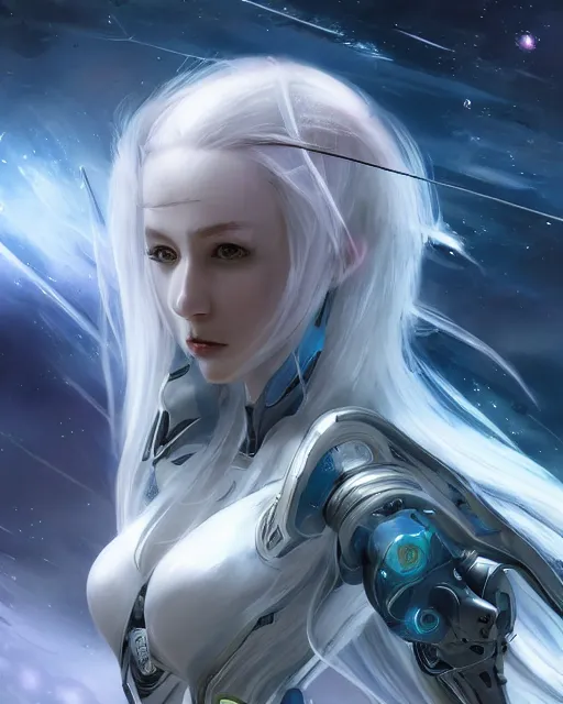 Image similar to beautiful android girl on a mothership, warframe armor, pretty face, scifi, futuristic, galaxy, raytracing, dreamy, perfect, digital painting, long white hair, blue cyborg eyes, sharp focus, intricate, highly detailed, artstation, intricate, innocent, art by gauthier leblanc, kazuya takahashi, huifeng huang