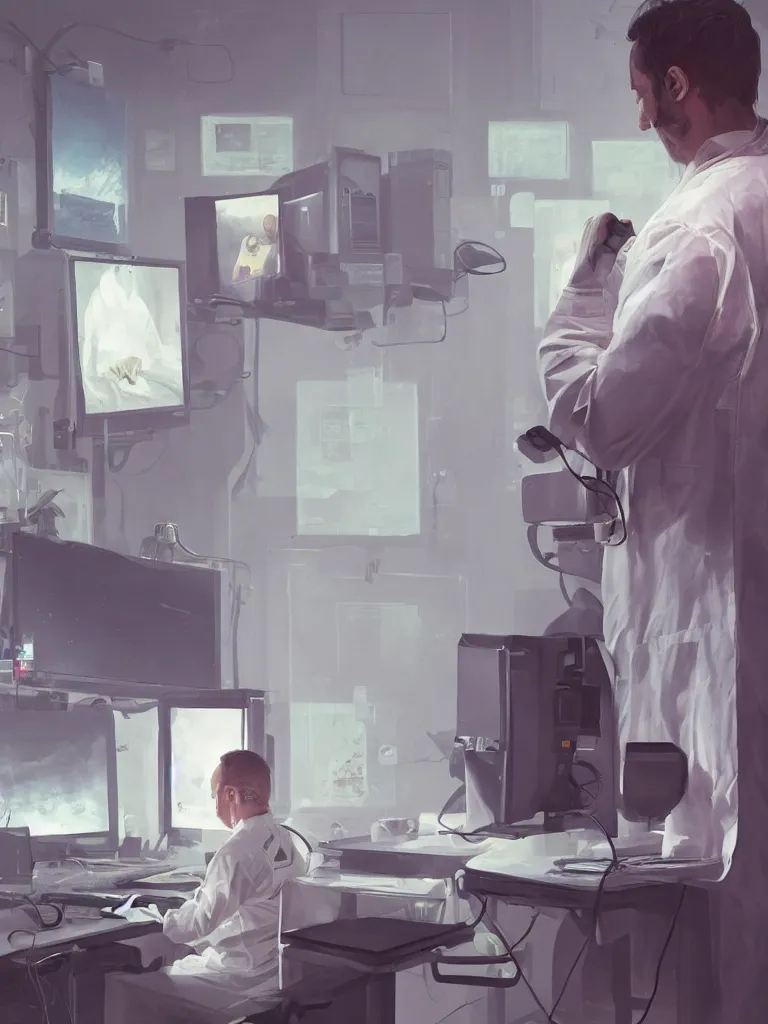 Image similar to a portrait of a researcher in a white coat in front of a computer and screens in a painting from stalenhag, 4 k, 8 k, hdr, artstation