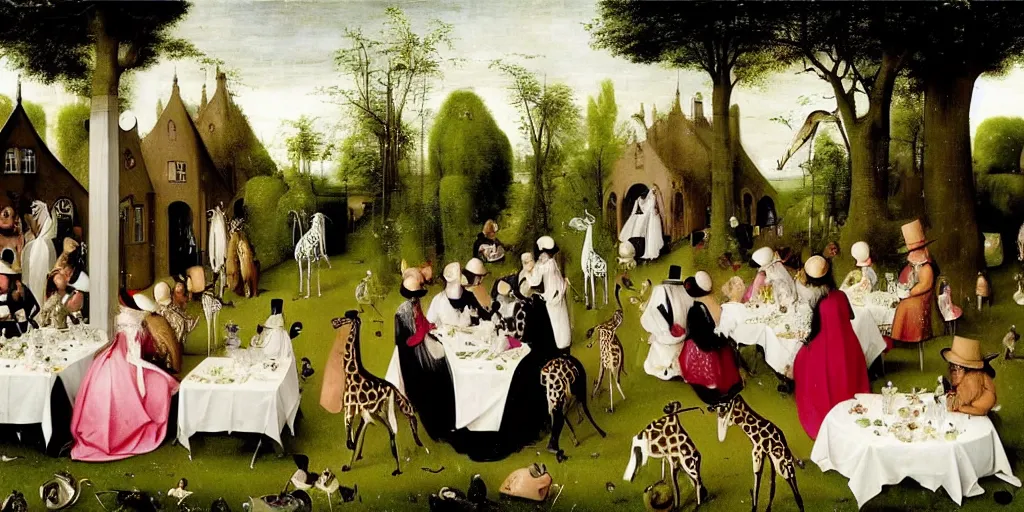 Prompt: elegant victorian tea party with giraffes in an english summer garden patio, hyper realistic hieronymus bosch - h 7 6 8