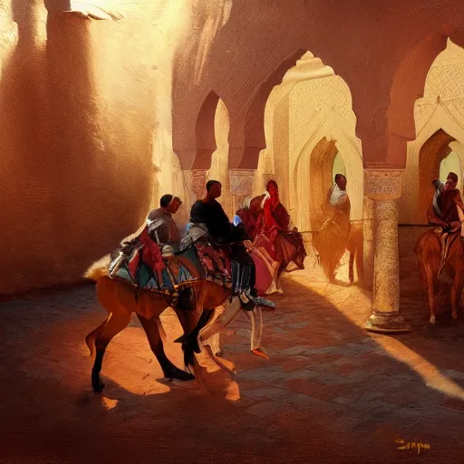 Prompt: the tbourida in morocco fantasia, 5 person riding horse, oil painting, artstation, very detailed