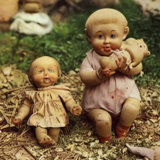 Prompt: autochrome photo of vintage disgusting brown kewpie dolls, plastic baby doll toys in a backyard garden, realistic